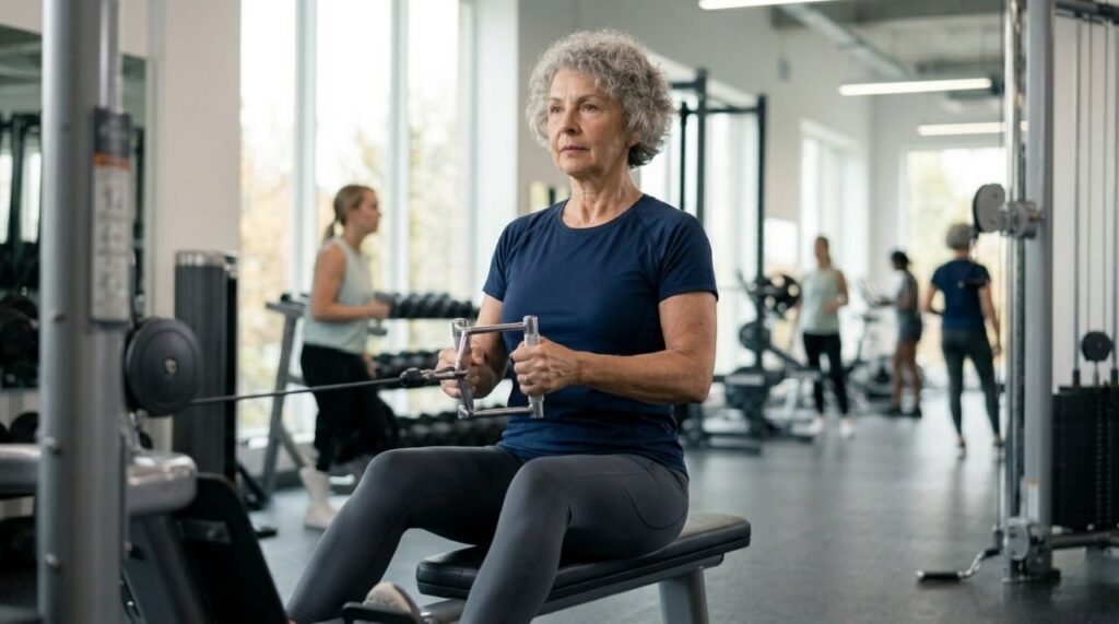 Mulher acima dos 60 anos realizando remada sentada em aparelho de academia