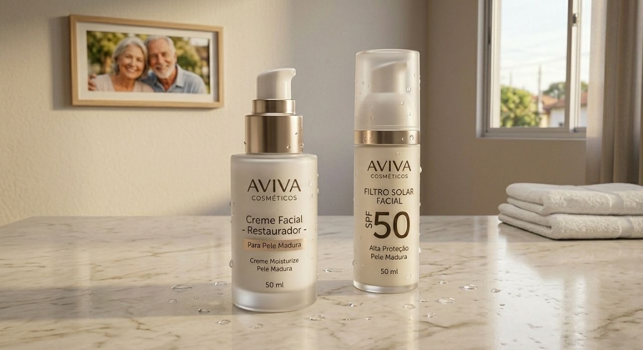 Hidratante facial e protetor solar FPS 50 sobre bancada clara de banheiro com gotas de água e luz natural da manhã.