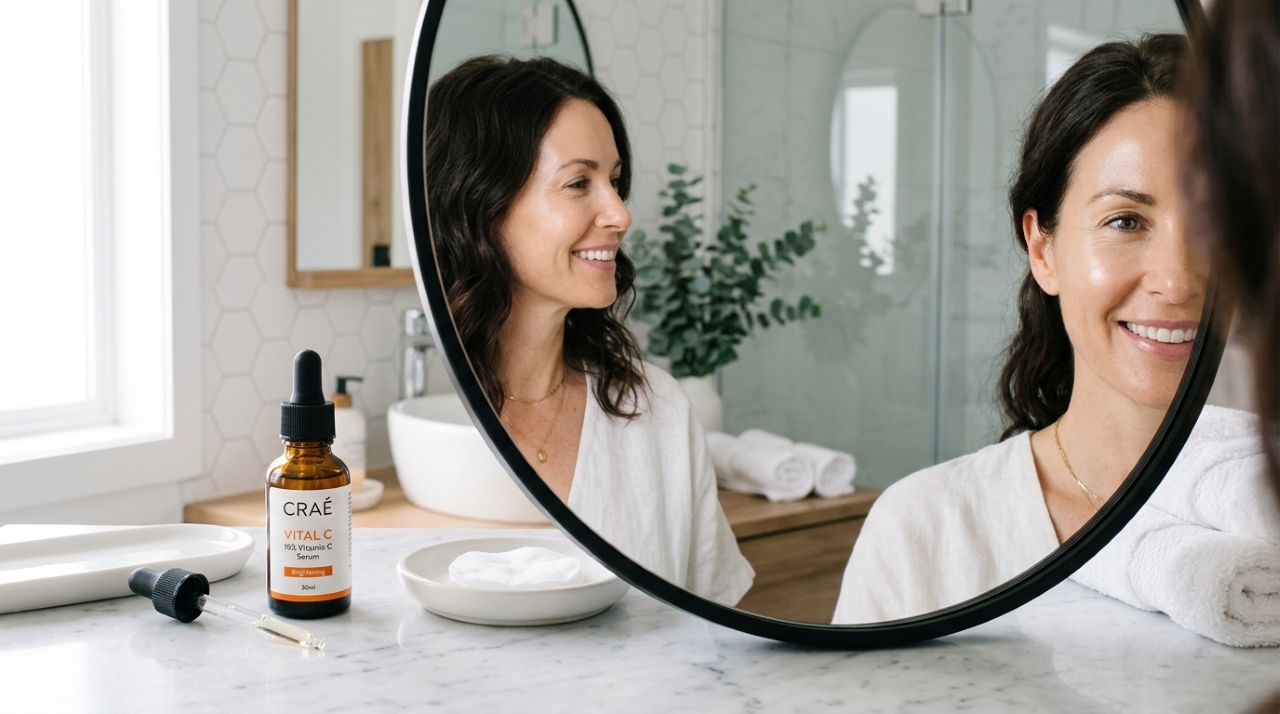 Frasco de sérum de vitamina C ao lado de um espelho, com metade do rosto de uma mulher acima dos 40 exibindo pele luminosa e uniforme em um banheiro bem iluminado