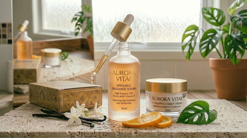 Frasco de sérum de vitamina C com conta-gotas ao lado de uma laranja cortada sobre bancada de banheiro