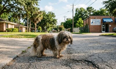 Pequeno Shih Tzu com pelagem longa, suja e emaranhada parado em uma rua residencial de Houston
