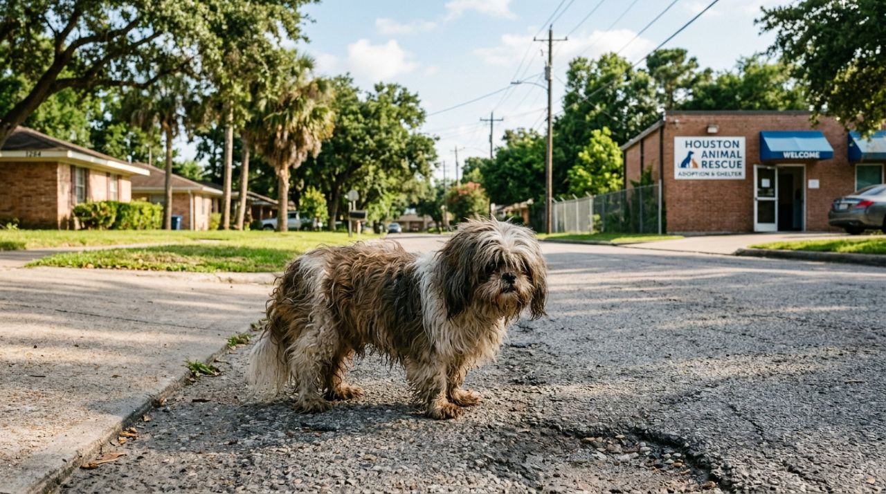 Pequeno Shih Tzu com pelagem longa, suja e emaranhada parado em uma rua residencial de Houston