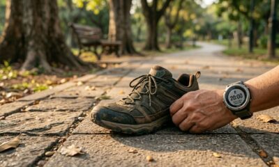 Tênis de caminhada sobre calçada de parque ao lado de relógio esportivo marcando 20 minutos.