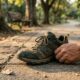 Tênis de caminhada sobre calçada de parque ao lado de relógio esportivo marcando 20 minutos.