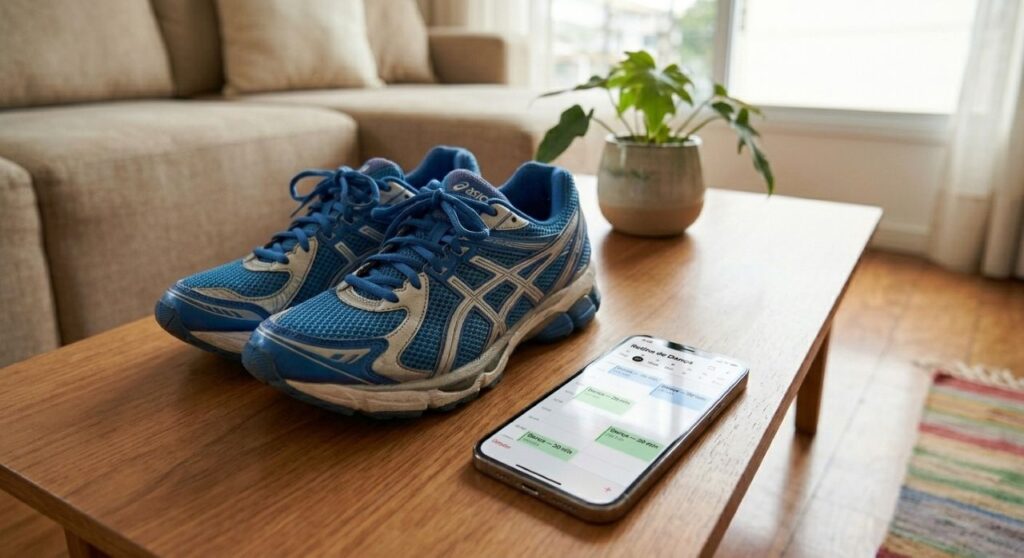 Smartphone com calendário semanal mostrando quatro dias marcados para dança de 20 minutos, ao lado de tênis esportivos.