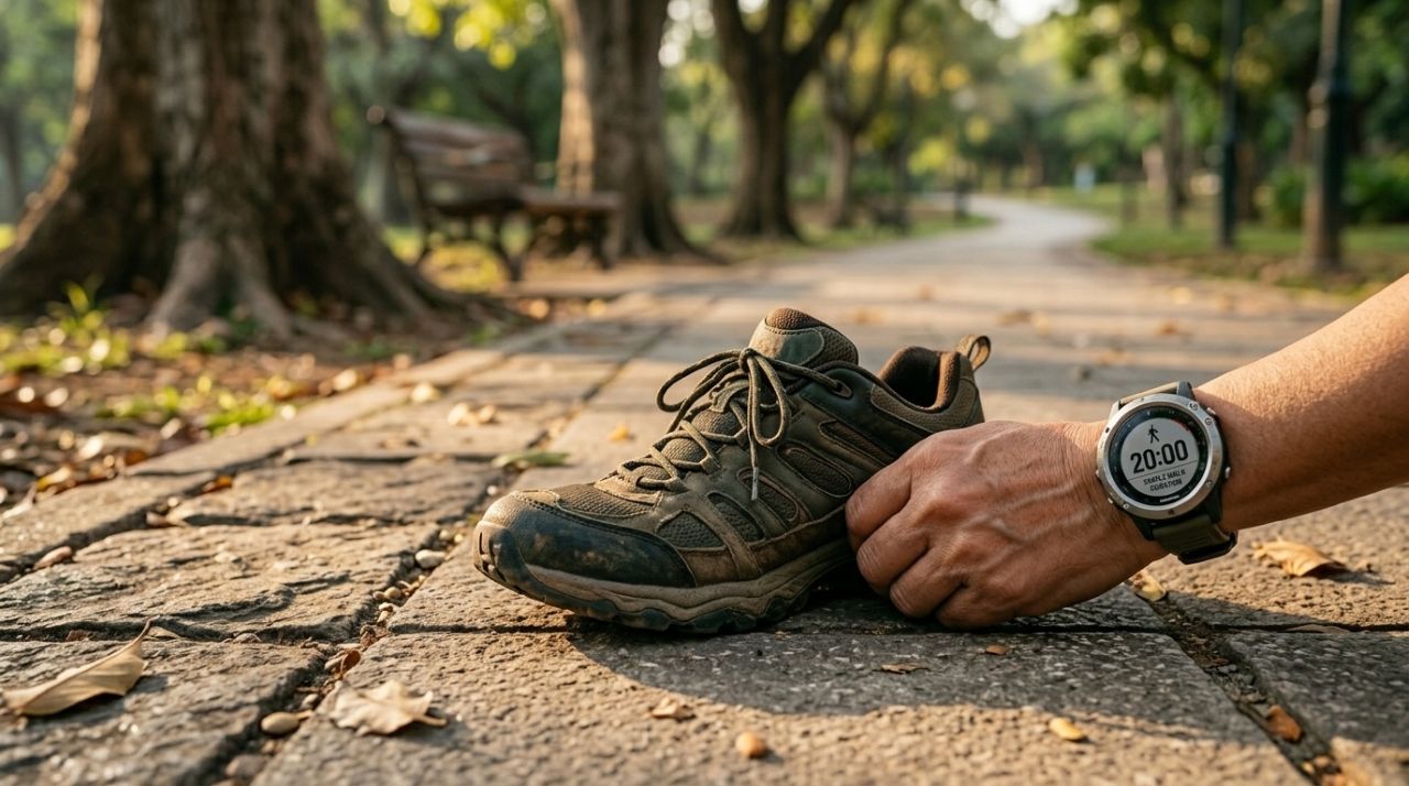 Tênis de caminhada sobre calçada de parque ao lado de relógio esportivo marcando 20 minutos.