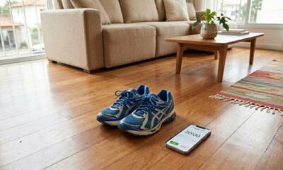 Tênis esportivos em uma sala com espaço livre para dança e smartphone marcando 20 minutos.