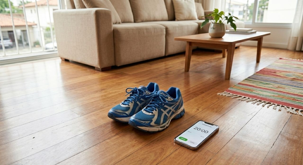Tênis esportivos em uma sala com espaço livre para dança e smartphone marcando 20 minutos.