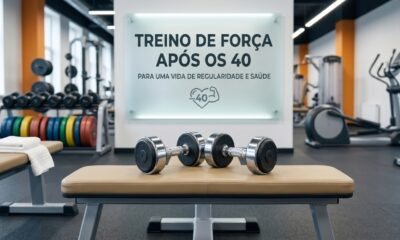 Banco de musculação e halteres em academia organizada, representando treino de força e saúde após os 40 anos.