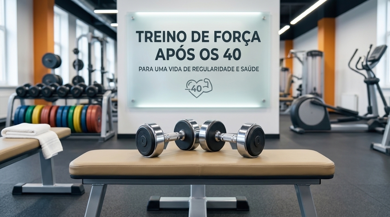 Banco de musculação e halteres em academia organizada, representando treino de força e saúde após os 40 anos.