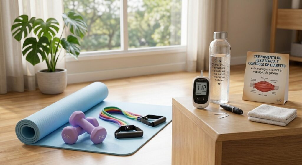 : Exercícios com pesos podem integrar a rotina de adultos com diabetes, desde que cargas, frequência e glicemia sejam acompanhadas adequadamente.