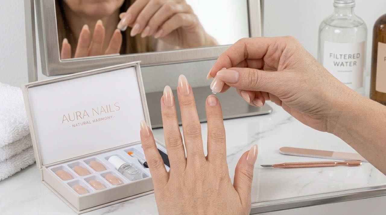 Mão feminina com unhas postiças press-on longas e naturais, com uma peça sendo aplicada em casa