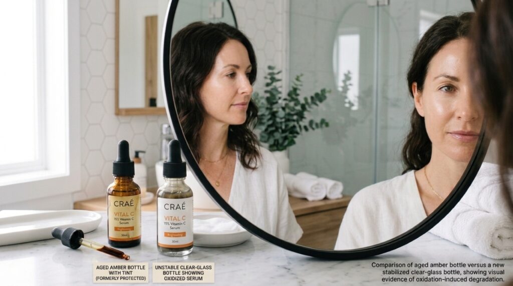Dois frascos de sérum de vitamina C sobre uma bancada de banheiro: um transparente e outro amarelado, ilustrando a diferença entre um produto em boas condições e outro oxidado