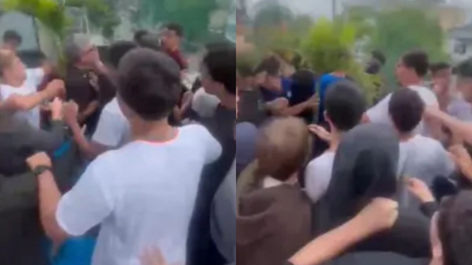 Aglomerado de jovens em confronto físico com um homem mais velho, ao ar livre
