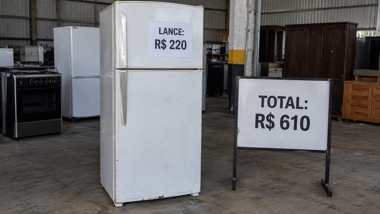 Família arremata geladeira por R$ 220 no leilão, paga R$ 390 de frete e comissão do leiloeiro e descobre na retirada que o lote "no estado em que se encontra" não tem garantia nem nota aceita pela assistência técnica