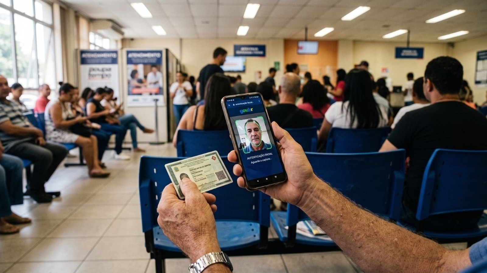 Pessoa usa celular com reconhecimento facial Gov.br e segura documento de identidade em sala de espera