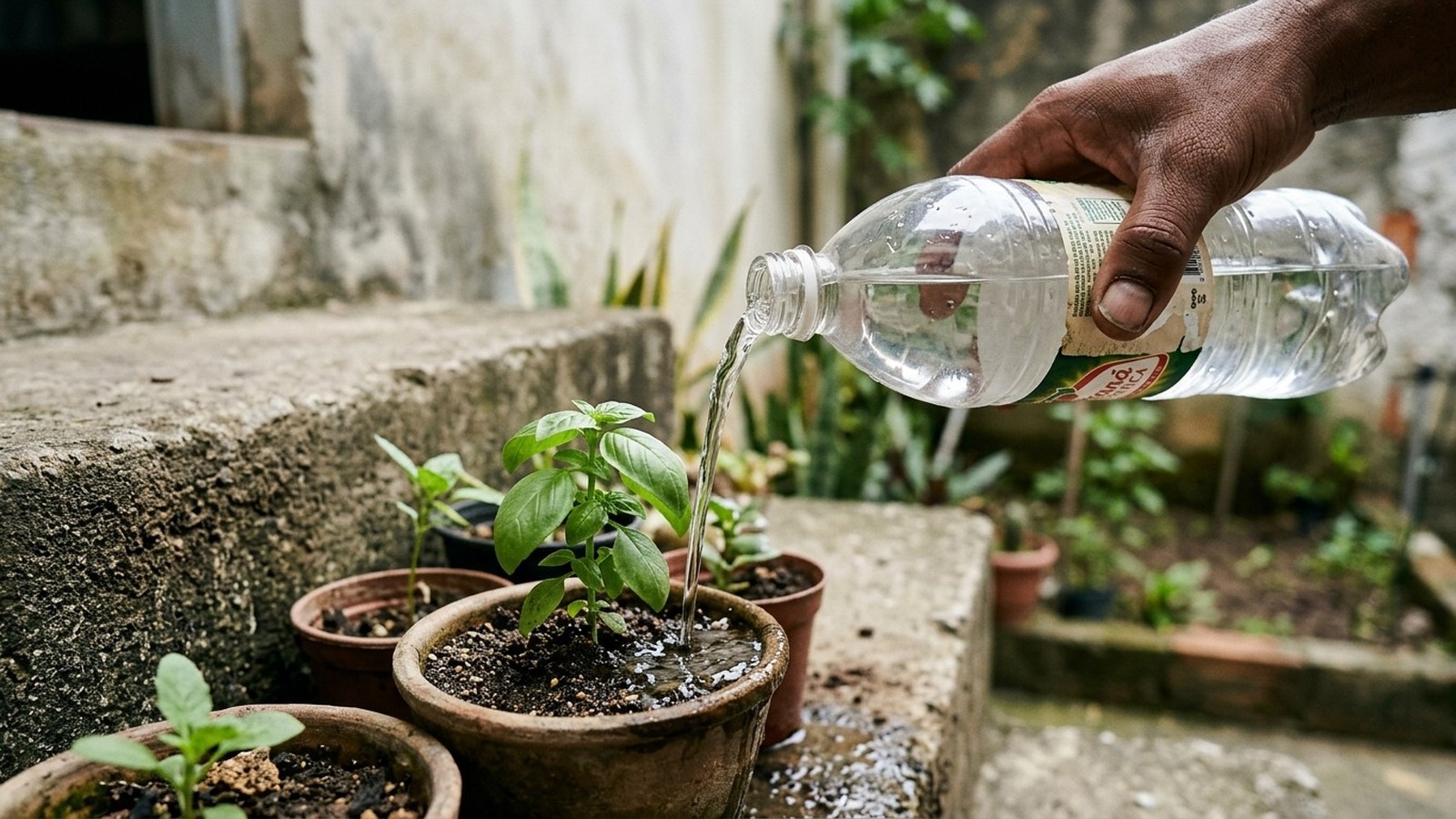 Mão despeja água de garrafa plástica em planta verde em vaso de barro