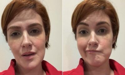 Mila Seidl, cabelo ruivo, em duas fotos: falando e com boca franzida