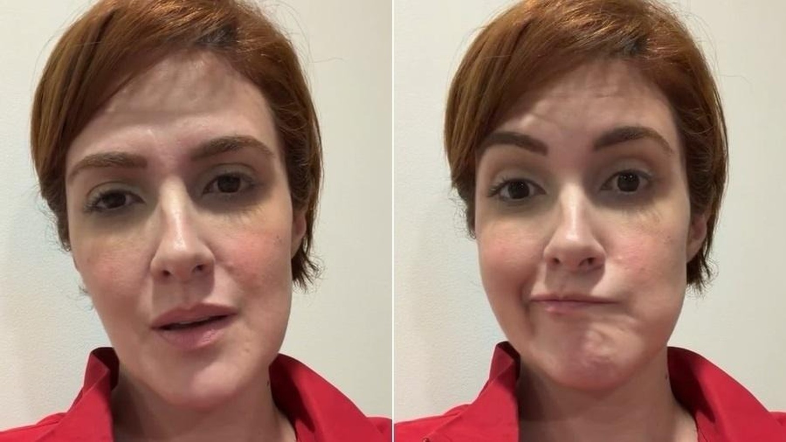 Mila Seidl, cabelo ruivo, em duas fotos: falando e com boca franzida