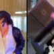 Díptico: Cover de Michael Jackson cantando no palco e sendo atingido por caixa de som