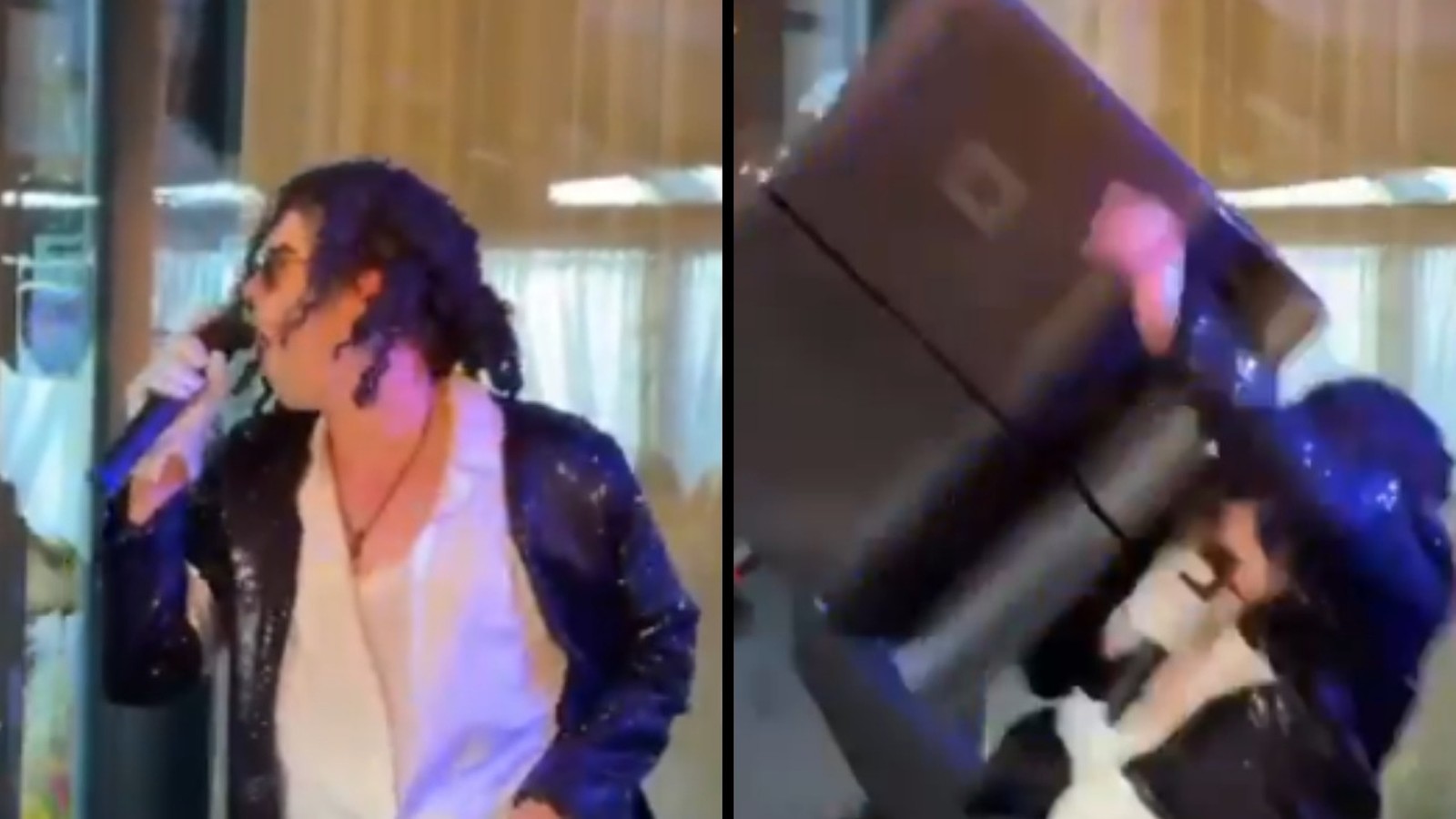 Díptico: Cover de Michael Jackson cantando no palco e sendo atingido por caixa de som