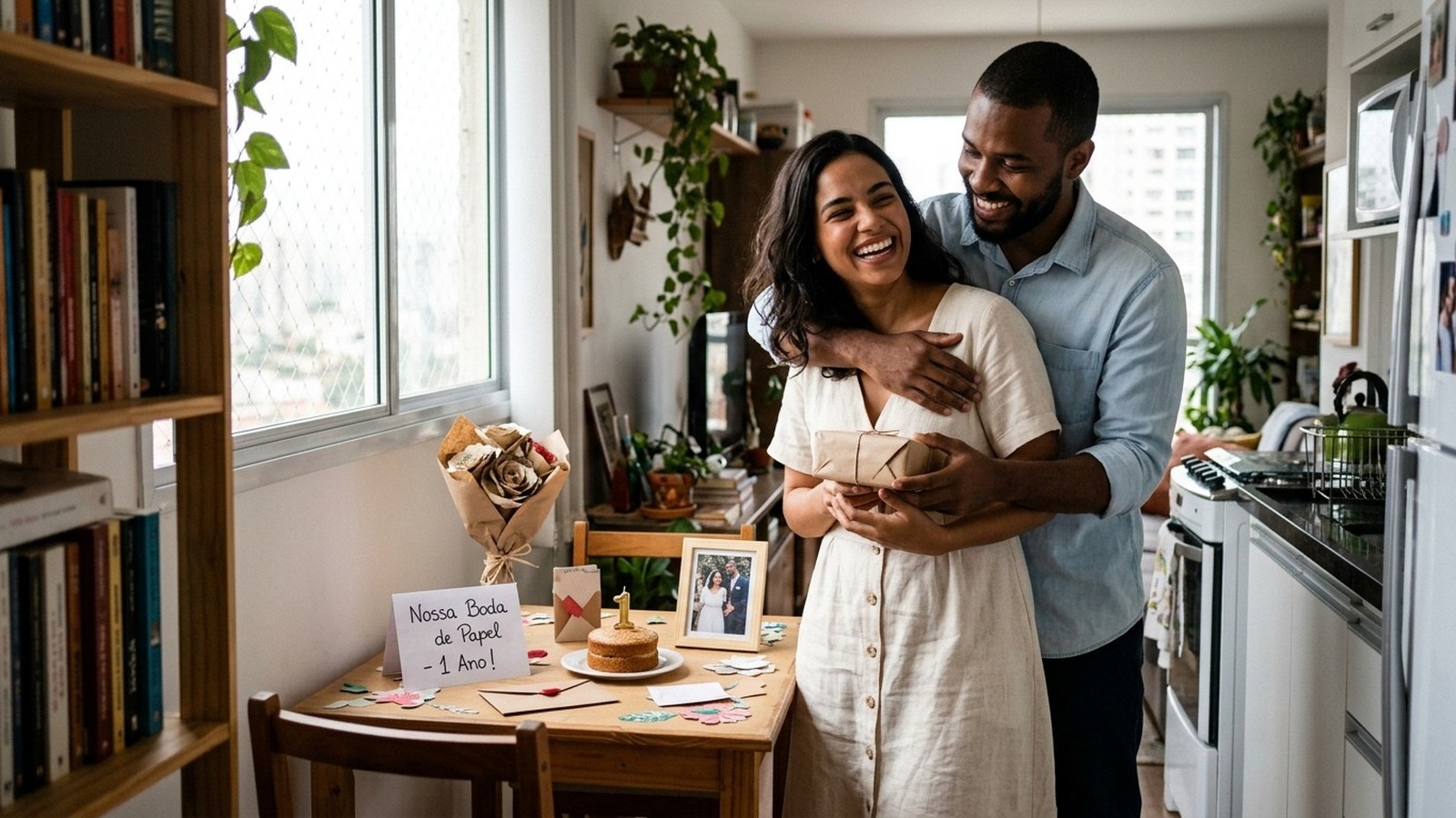 Casal feliz celebrando 1 ano de casamento com bolo, presente, flores e placa Bodas de Papel