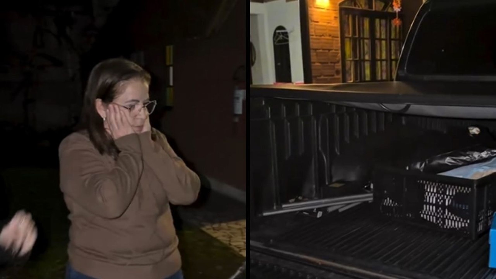 Mulher de óculos, mãos no rosto, chocada; ao lado, caçamba de picape preta vazia com caixa