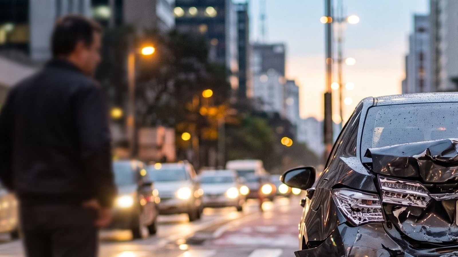 Parte traseira de um carro escuro com danos severos na lataria e nas lanternas, em rua molhada