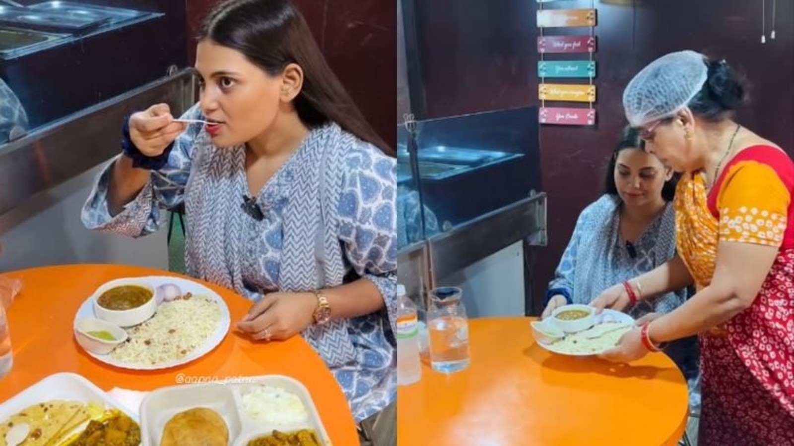 Jovem mulher come arroz e curry, enquanto outra serve rotis e curry em restaurante