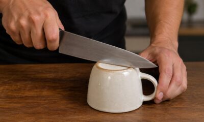 Sua faca está cega? O truque com o fundo da xícara de cerâmica recupera o fio em segundos