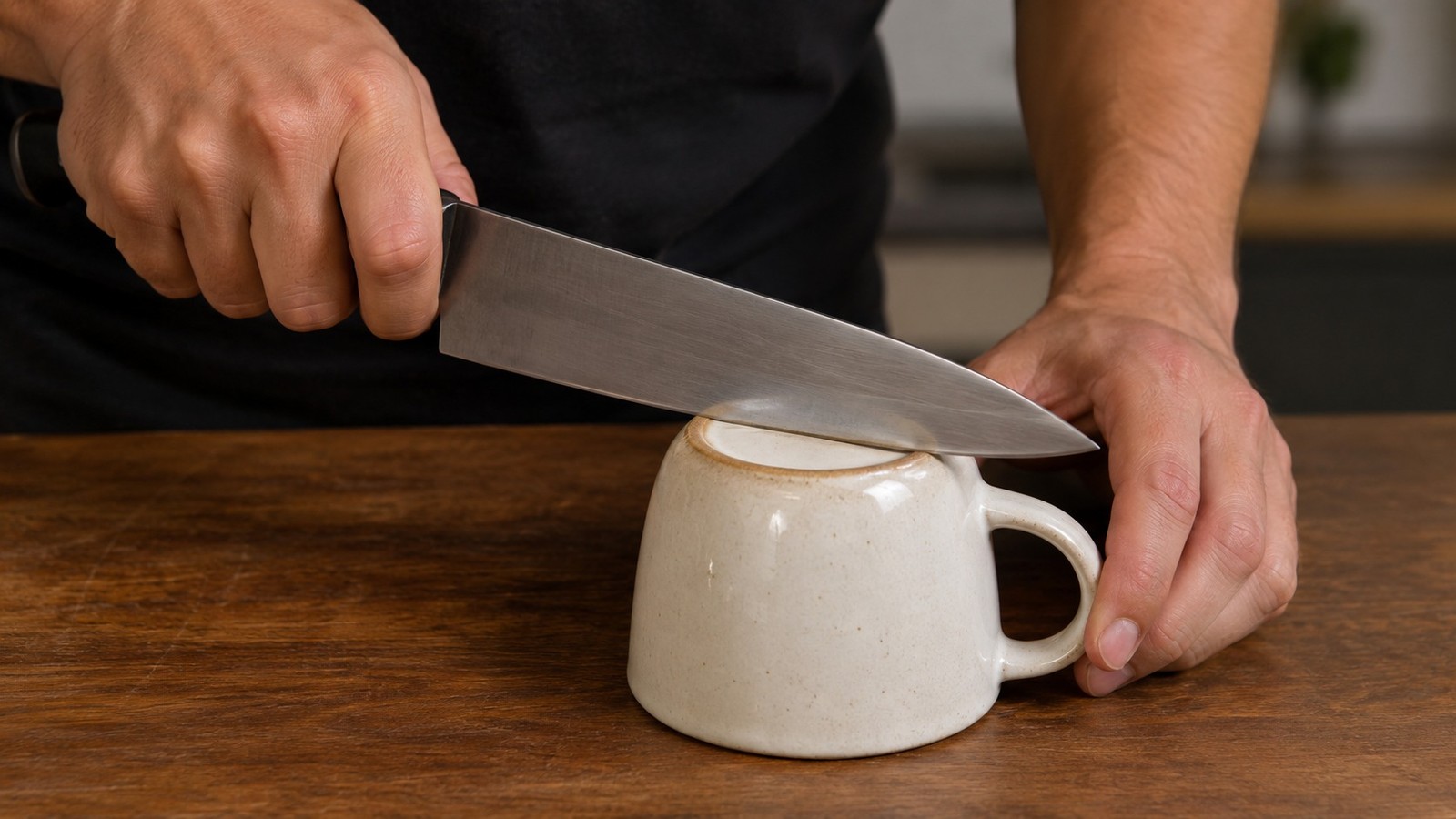 Mãos afiando uma faca de chef contra o anel de cerâmica de uma xícara invertida em uma mesa de madeira