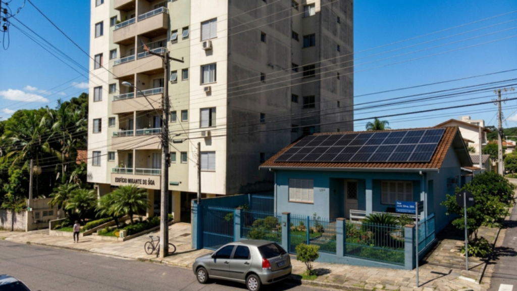 Vizinho constrói prédio de 8 andares, bloqueia 100% dos painéis solares da casa ao lado e é obrigado a pagar R$ 4.500 por mês