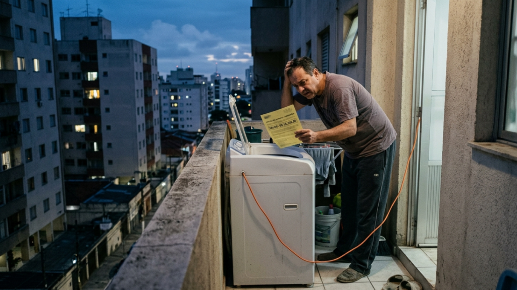Morador instala máquina de lavar na varanda do apartamento para ganhar espaço, passa a usar o aparelho durante a madrugada e acaba recebendo multa de mais de R$ 15 mil após reclamações dos vizinhos
