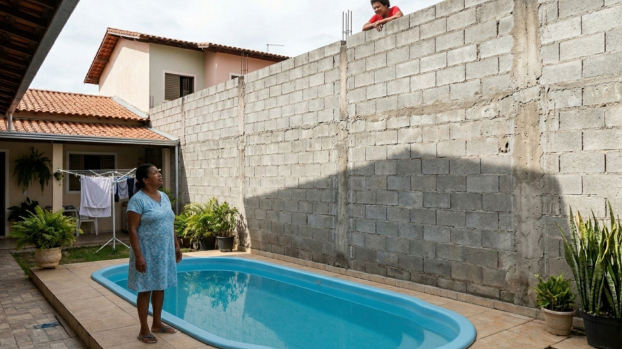 Vizinho levanta paredão de 4 metros para cobrir piscina com sombra para se vingar de festa até as 23h, perde ação por abuso de direito e paga R$ 1.200 por dia de atraso