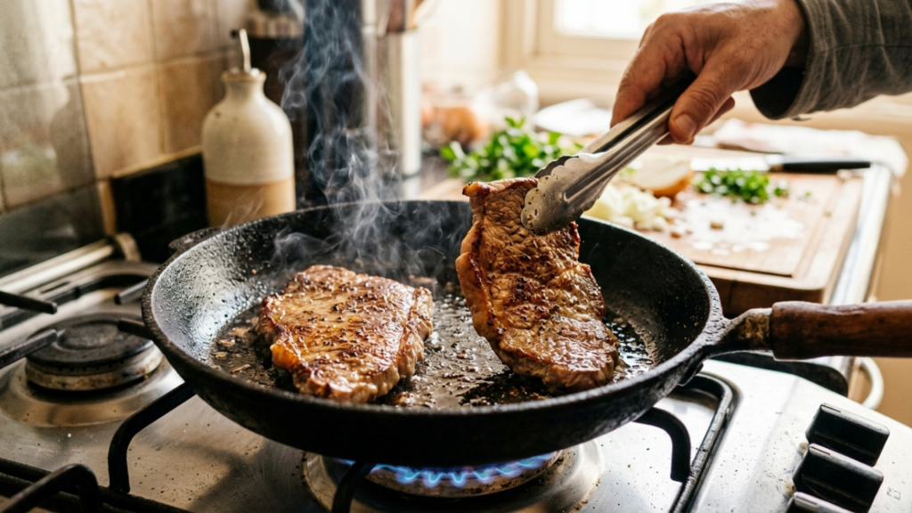 Chefs de cozinha concordam: "Para o bife não ficar duro, não fure a carne na frigideira, mas sele por exatos 2 minutos de cada lado em fogo alto e deixe descansar por 3 minutos antes de cortar"