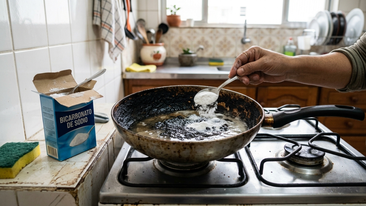 Especialistas em limpeza concordam: "Para limpar panela queimada, não perca horas esfregando, mas ferva 2 dedos de água com 2 colheres de bicarbonato de sódio e deixe descansar por 1 hora"