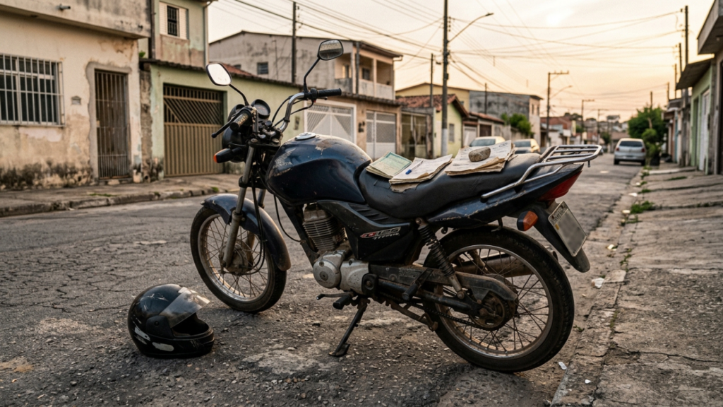 Motoboy compra moto usada por R$ 16 mil, financia em 48 vezes com parcela de R$ 540 e no segundo mês o câmbio trava no farol; o conserto de R$ 3.400 supera dois meses de trabalho e ele precisa escolher entre pagar a oficina ou a parcela