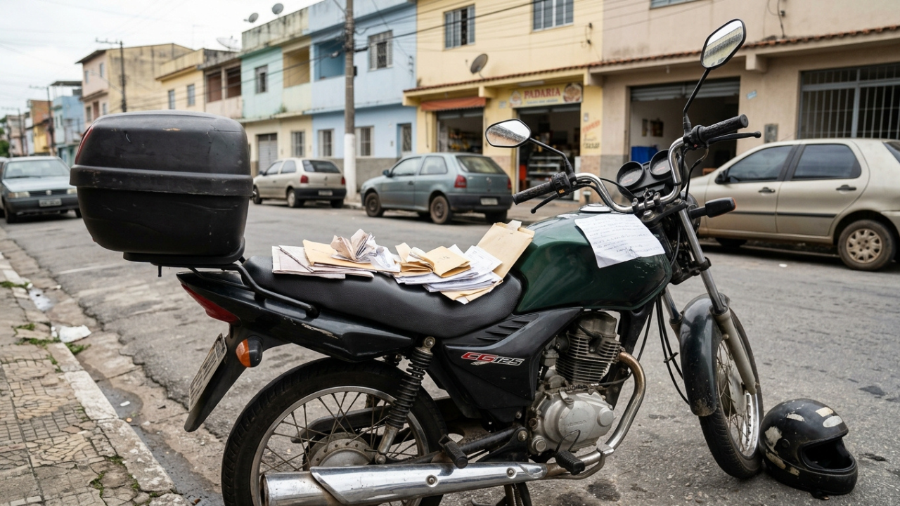 Motoboy compra moto usada por R$ 16 mil, financia em 48 vezes com parcela de R$ 540 e no segundo mês o câmbio trava no farol; o conserto de R$ 3.400 supera dois meses de trabalho e ele precisa escolher entre pagar a oficina ou a parcela