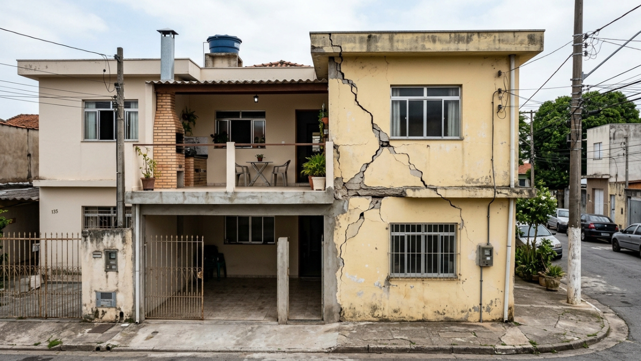 Vizinho constrói laje sobre a garagem e transforma em terraço com churrasqueira, peso extra racha a viga da casa geminada ao lado e Justiça manda demolir e pagar R$ 27 mil