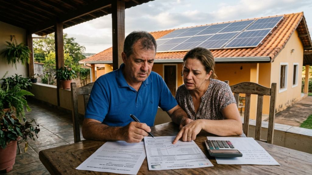 Casal instala painel solar de R$ 38 mil financiado para reduzir a conta de luz e, no terceiro mês, a distribuidora aplica a nova regra de compensação e a economia prometida pela empresa cai pela metade