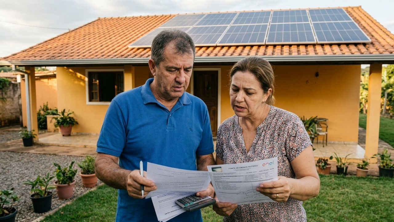 Casal instala painel solar de R$ 38 mil financiado para reduzir a conta de luz e, no terceiro mês, a distribuidora aplica a nova regra de compensação e a economia prometida pela empresa cai pela metade
