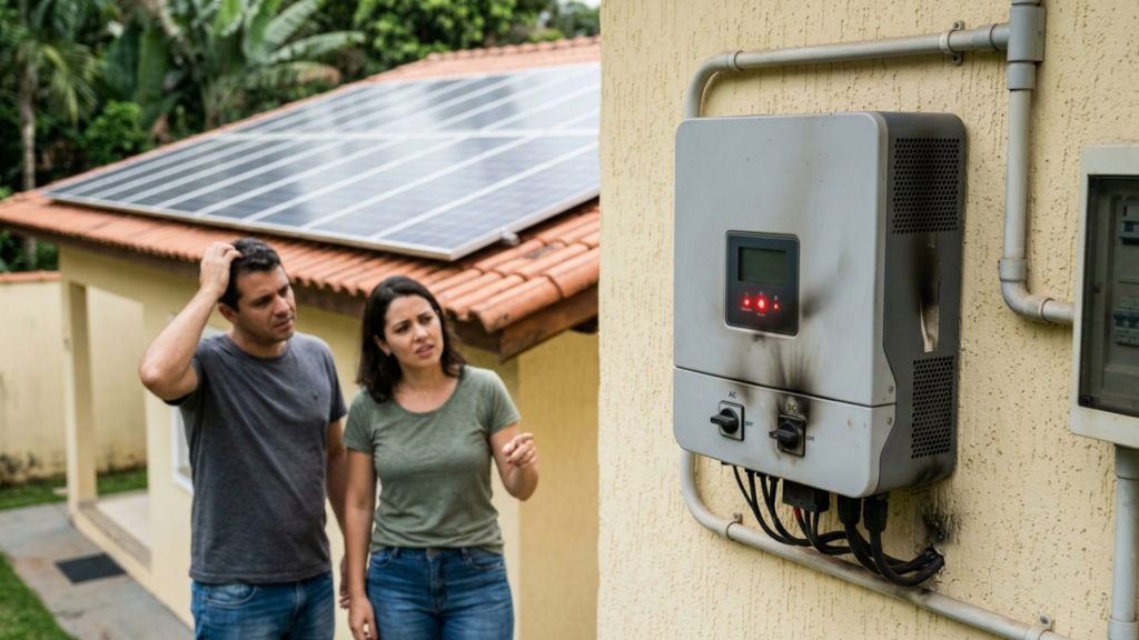 Casal investe R$ 45 mil em energia solar financiado em 60 vezes, mas no quarto mês um pico de luz da rede queima o inversor e a distribuidora se recusa a pagar o conserto de R$ 7.200