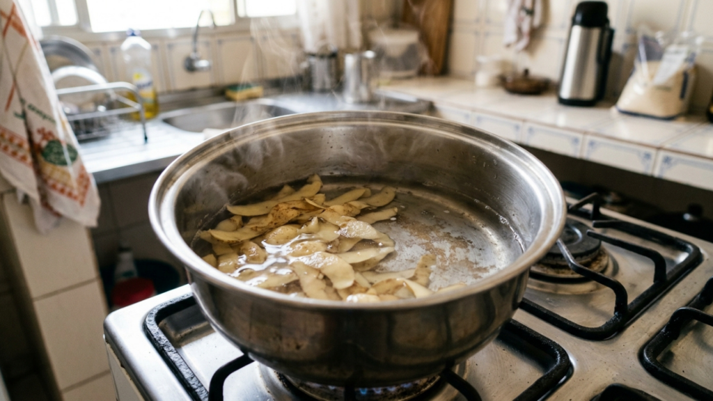 Ferver cascas de batata crua na panela de inox manchada: para que serve e o que acontece com o brilho do fundo