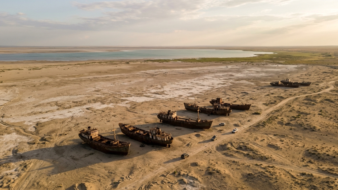 Parece filme, mas é real: o 4º maior lago do planeta secou e hoje é um deserto de navios fantasmas enferrujados na Ásia Central que perdeu mais de 90% da superfície