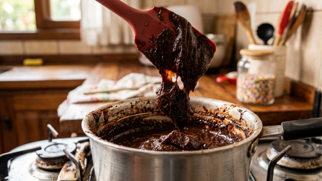 Mestres confeiteiros afirmam: “Para o brigadeiro atingir o ponto perfeito de enrolar, não desligue o fogo assim que desgrudar do fundo, mas continue mexendo por mais 3 minutos até a massa cair em blocos grossos da espátula.”