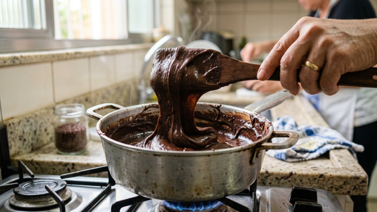 Mestres confeiteiros afirmam: “Para o brigadeiro atingir o ponto perfeito de enrolar, não desligue o fogo assim que desgrudar do fundo, mas continue mexendo por mais 3 minutos até a massa cair em blocos grossos da espátula.”
