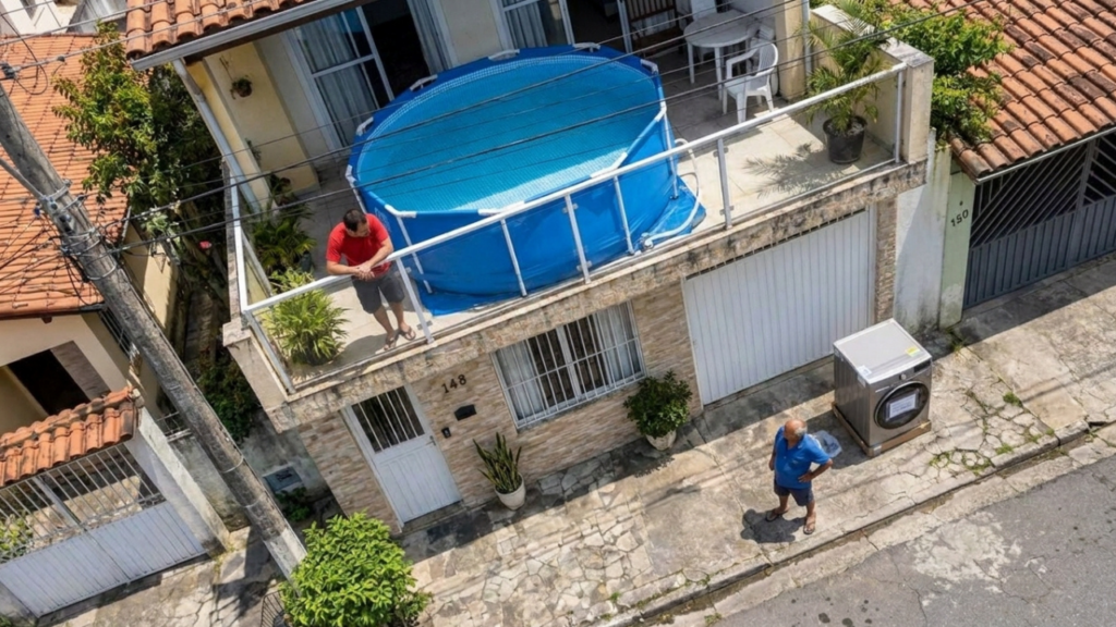 Morador instala piscina plástica de 5 mil litros na cobertura, vaza, infiltra a casa, destrói o teto de gesso e a lava e seca de R$ 9 mil do vizinho do andar de baixo