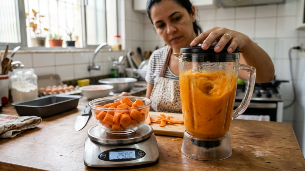 Padeiros experientes afirmam: “Para o bolo de cenoura não solar e ficar pesado, não coloque 3 ou 4 cenouras no olho, mas pese exatos 250g de cenoura descascada e bata no liquidificador por 5 minutos com o óleo antes de misturar.”