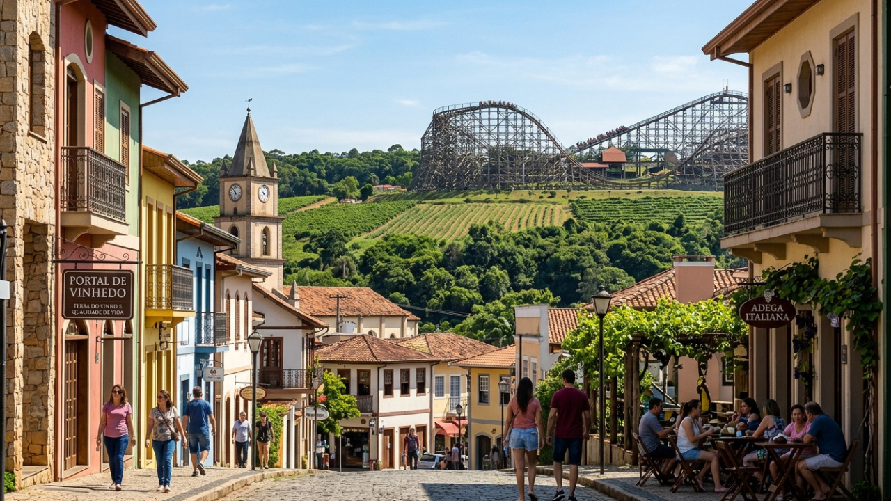 Um pequeno pedacinho da Itália no Brasil atraí pela qualidade de vida e abriga a maior montanha-russa de madeira da América Latina