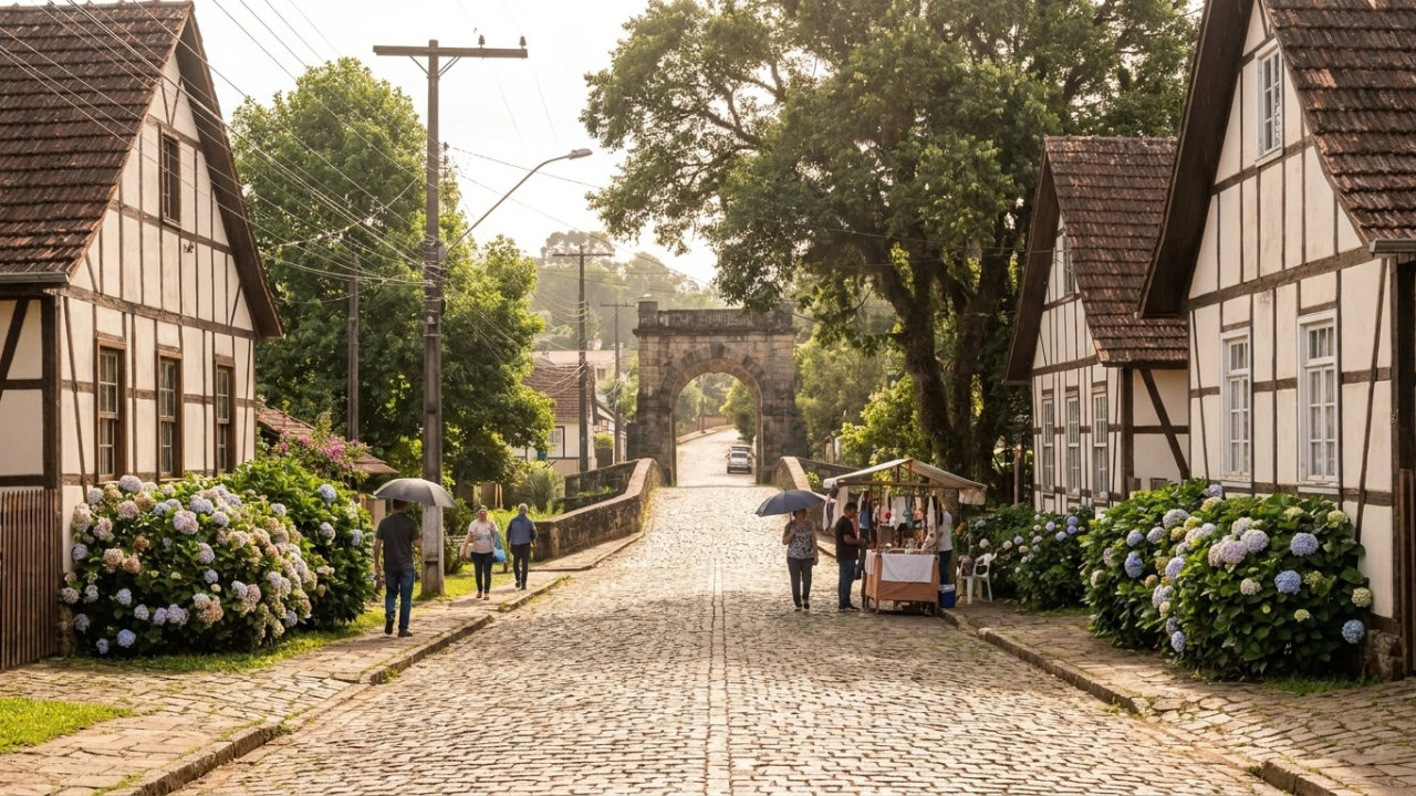 A Cidade das Flores abriga uma ponte de pedra de 148 metros construída por Dom Pedro II em 1864 e o maior núcleo de casas enxaimel do Brasil
